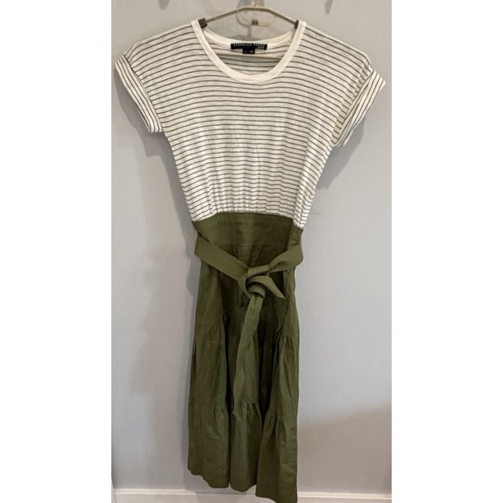 Veronica Beard Short Sleeve Mixed Media Poplin Skirt Dress Belt Green Stripe S